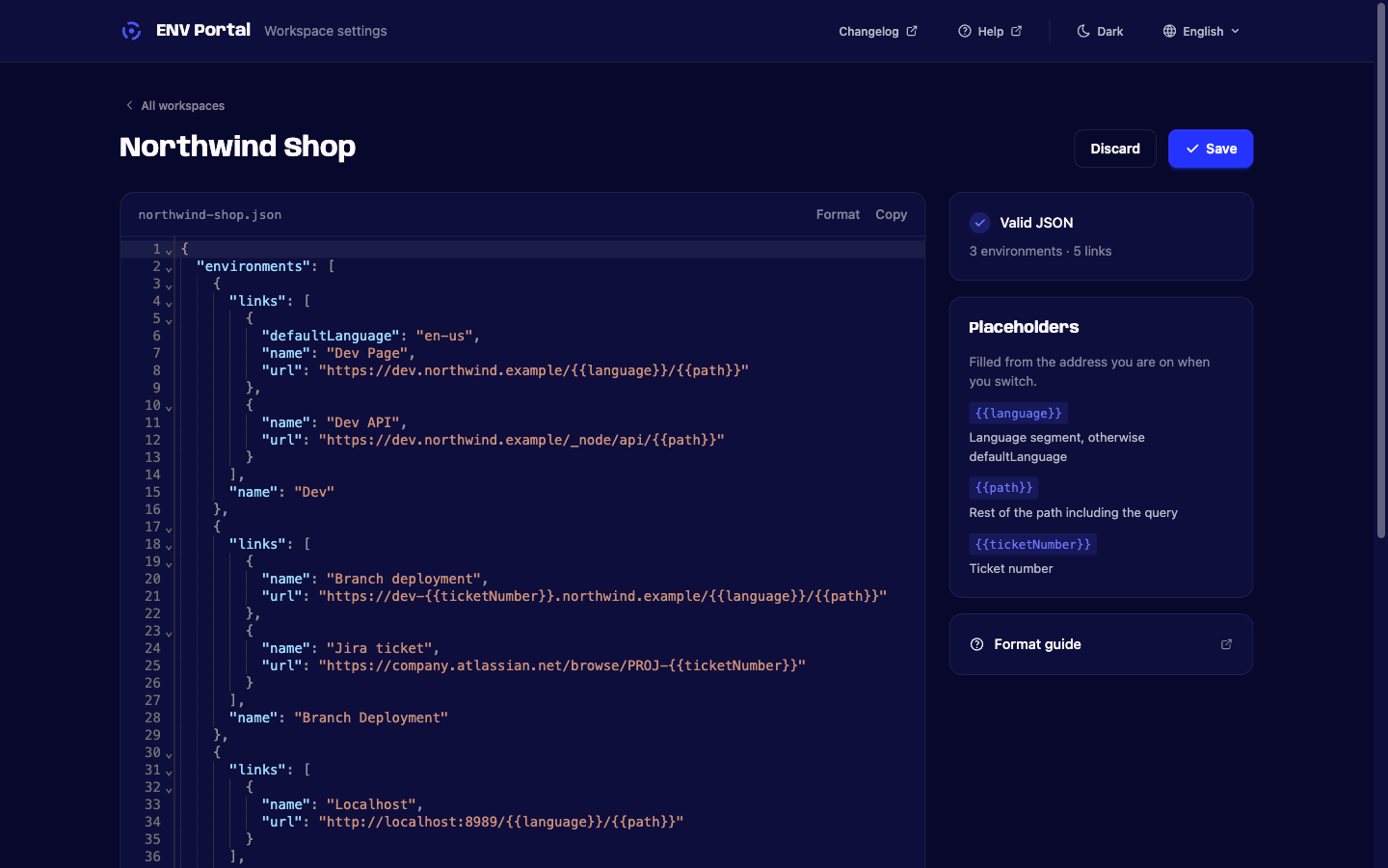 The ENV Portal settings page: a workspace open in the JSON editor, with a Valid JSON status card and the list of placeholders beside it.